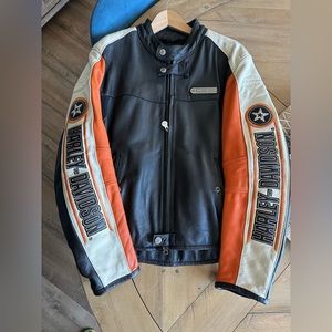 Immaculate Harley Davidson Leather Vintage Jacket Orange Black Embroidered Large